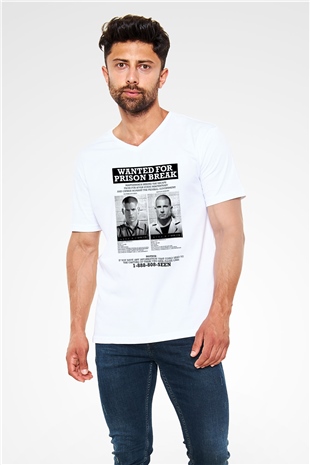 Prison Break Beyaz Unisex V Yaka Tişört T-Shirt