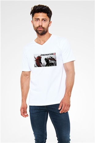 Prototype Beyaz Unisex V Yaka Tişört