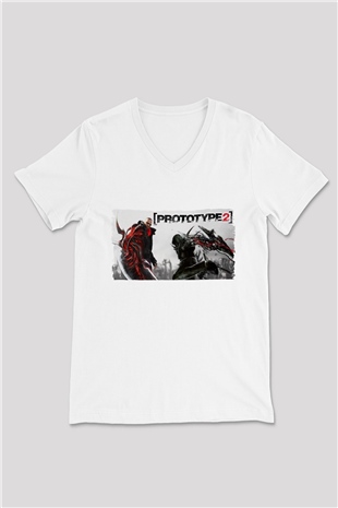 Prototype Beyaz Unisex V Yaka Tişört