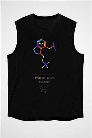 Psilosibin Baskılı Unisex Kolsuz Siyah Tişört - Tshirt