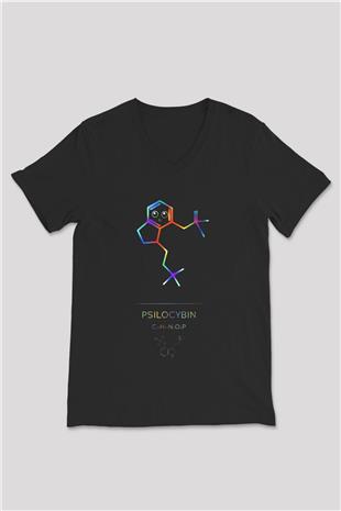 Psilosibin Baskılı Unisex V Yaka Siyah Tİşört - Tshirt