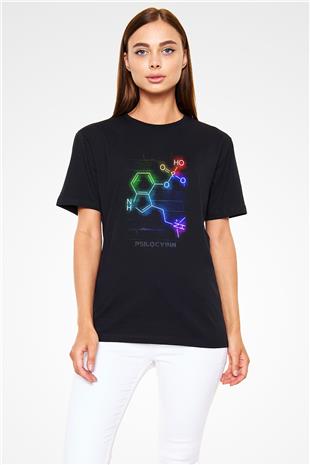 Psilosibin Molekülü Baskılı Unisex Siyah Tişört - Tshirt