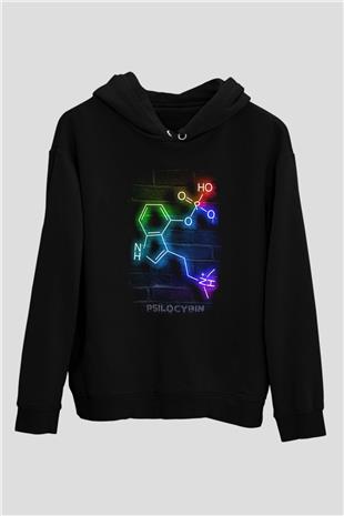 Psilosibin Molekülü Baskılı Unisex Siyah Kapüşonlu Sweatshirt