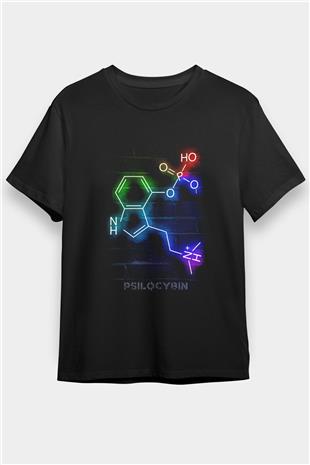 Psilosibin Molekülü Baskılı Unisex Siyah Tişört - Tshirt