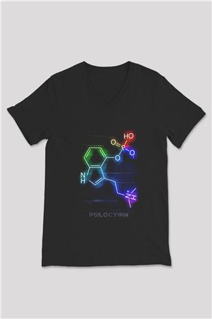 Psilosibin Molekülü Baskılı Unisex V Yaka Siyah Tİşört - Tshirt