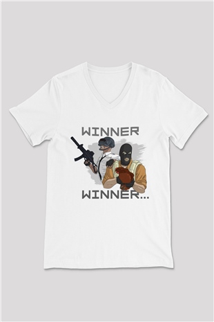 PUBG Beyaz Unisex V Yaka Tişört T-Shirt