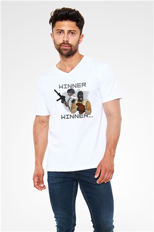 PUBG Beyaz Unisex V Yaka Tişört T-Shirt
