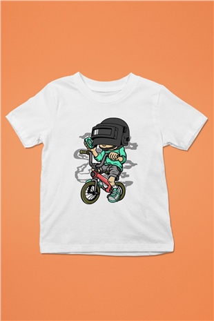 PUBG Biker Baskılı Unisex Beyaz Çocuk Tişört
