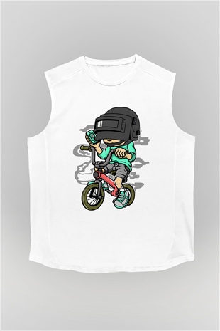 PUBG Biker Baskılı Unisex Beyaz Kolsuz Tişört
