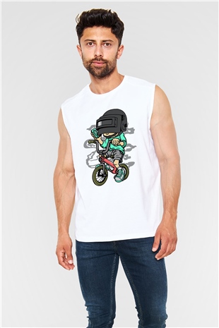 PUBG Biker Baskılı Unisex Beyaz Kolsuz Tişört
