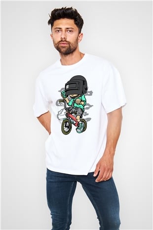 PUB-G Biker Baskılı Unisex Beyaz Oversize Tişört