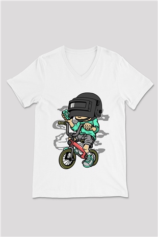 PUB-G Biker Baskılı Unisex Beyaz V Yaka Tişört