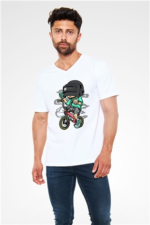 PUB-G Biker Baskılı Unisex Beyaz V Yaka Tişört