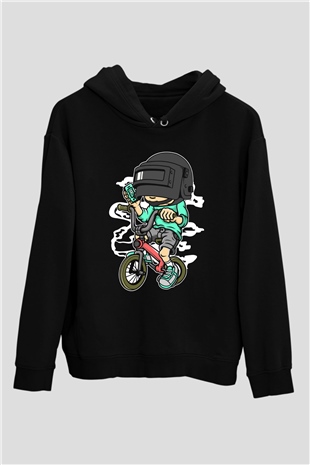 PUBG Biker Baskılı Unisex Siyah Hoodie