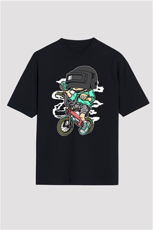 PUB-G Biker Baskılı Unisex Siyah Oversize Tişört