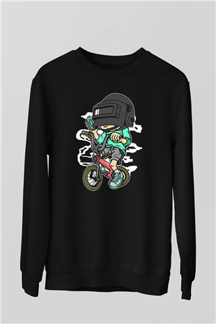 PUBG Biker Baskılı Unisex Siyah Sweatshirt