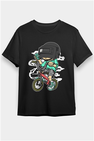 PUB-G Biker Baskılı Unisex Siyah Tişört