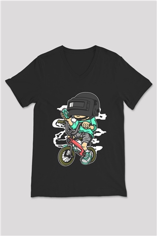 PUB-G Biker Baskılı Unisex Siyah V Yaka Tişört