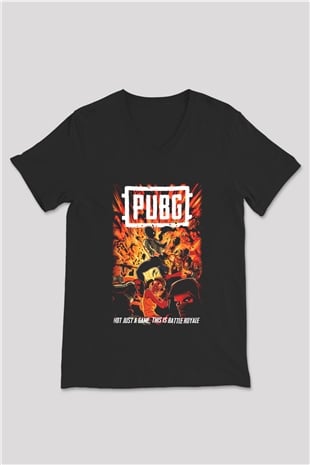 PUBG Siyah Unisex V Yaka Tişört T-Shirt