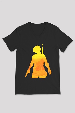 PUBG Siyah Unisex V Yaka Tişört T-Shirt