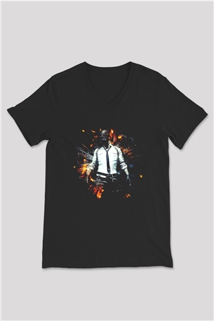 PUBG Siyah Unisex V Yaka Tişört T-Shirt