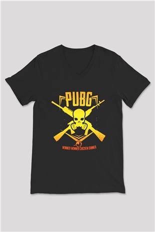 PUBG Siyah Unisex V Yaka Tişört T-Shirt