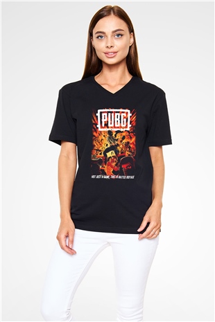 PUBG Siyah Unisex V Yaka Tişört T-Shirt