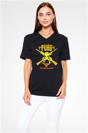 PUBG Siyah Unisex V Yaka Tişört T-Shirt