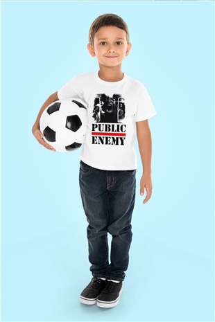 Public Enemy Baskılı Beyaz Unisex Çocuk Tişört