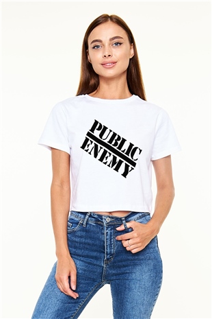 Public Enemy Beyaz Croptop Tişört