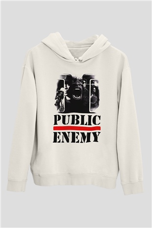 Public Enemy Beyaz Unisex Kapşonlu Sweatshirt