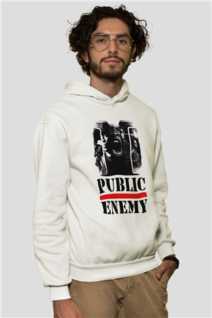 Public Enemy Beyaz Unisex Kapşonlu Sweatshirt