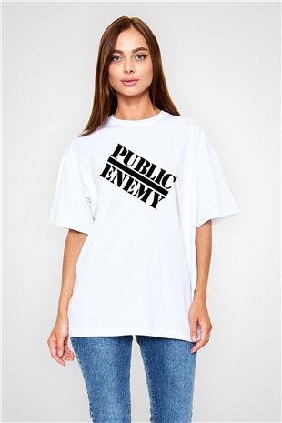 Public Enemy Beyaz Unisex Oversize Tişört T-Shirt