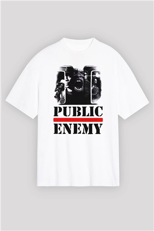 Public Enemy Beyaz Unisex Oversize Tişört T-Shirt