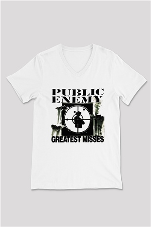 Public Enemy Beyaz Unisex V Yaka Tişört T-Shirt