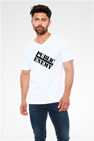 Public Enemy Beyaz Unisex V Yaka Tişört T-Shirt