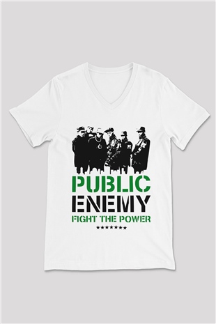 Public Enemy Beyaz Unisex V Yaka Tişört