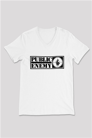 Public Enemy Beyaz Unisex V Yaka Tişört T-Shirt