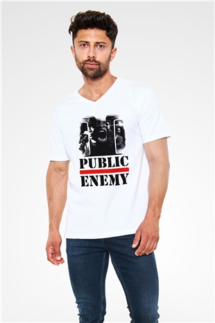 Public Enemy Beyaz Unisex V Yaka Tişört T-Shirt