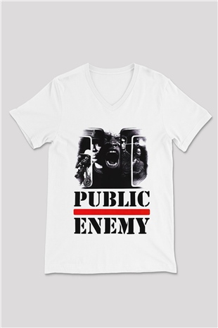 Public Enemy Beyaz Unisex V Yaka Tişört T-Shirt