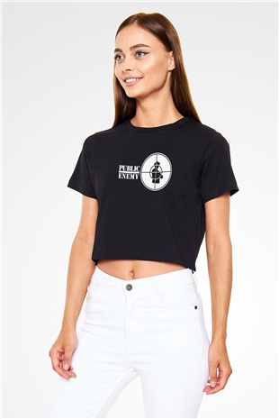 Public Enemy Siyah  Crop Top Tişört