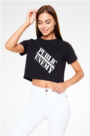 Public Enemy Siyah Crop Top Tişört