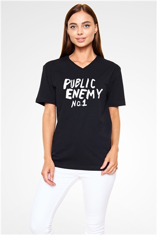 Public Enemy Siyah Unisex V Yaka Tişört T-Shirt