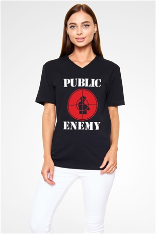 Public Enemy Siyah Unisex V Yaka Tişört T-Shirt