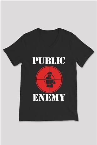 Public Enemy Siyah Unisex V Yaka Tişört T-Shirt