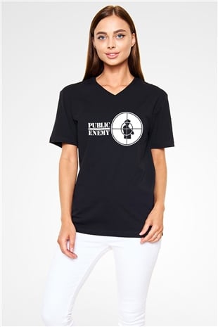 Public Enemy Siyah Unisex V Yaka Tişört
