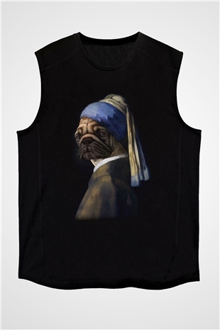 Pug Baskılı Unisex Siyah  Kolsuz Tişört
