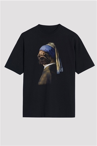 Pug Baskılı Oversize Siyah Tişört
