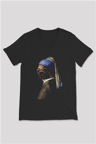 Pug Baskılı Unisex Siyah  V Yaka Tişört
