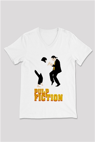Pulp Fiction Beyaz Unisex V Yaka Tişört T-Shirt